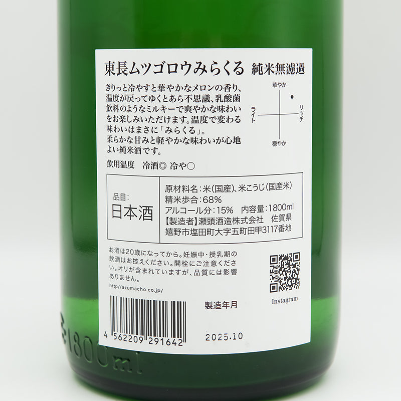 東長(あずまちょう) ムツゴロウみらくる 純米無濾過の裏ラベル