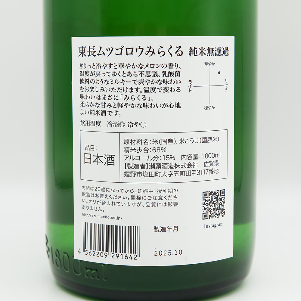 東長(あずまちょう) ムツゴロウみらくる 純米無濾過の裏ラベル