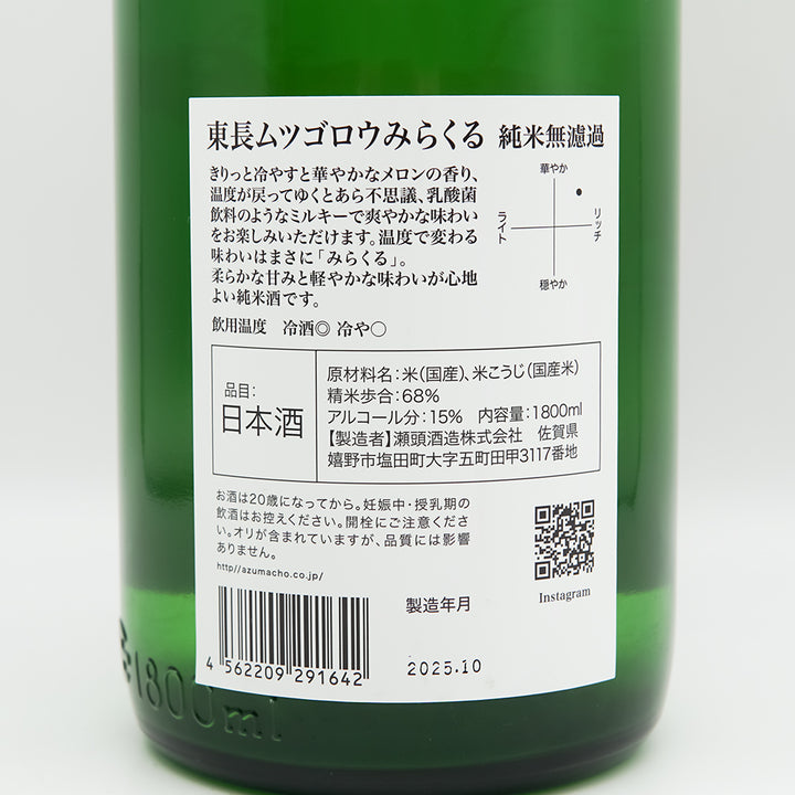 東長(あずまちょう) ムツゴロウみらくる 純米無濾過の裏ラベル